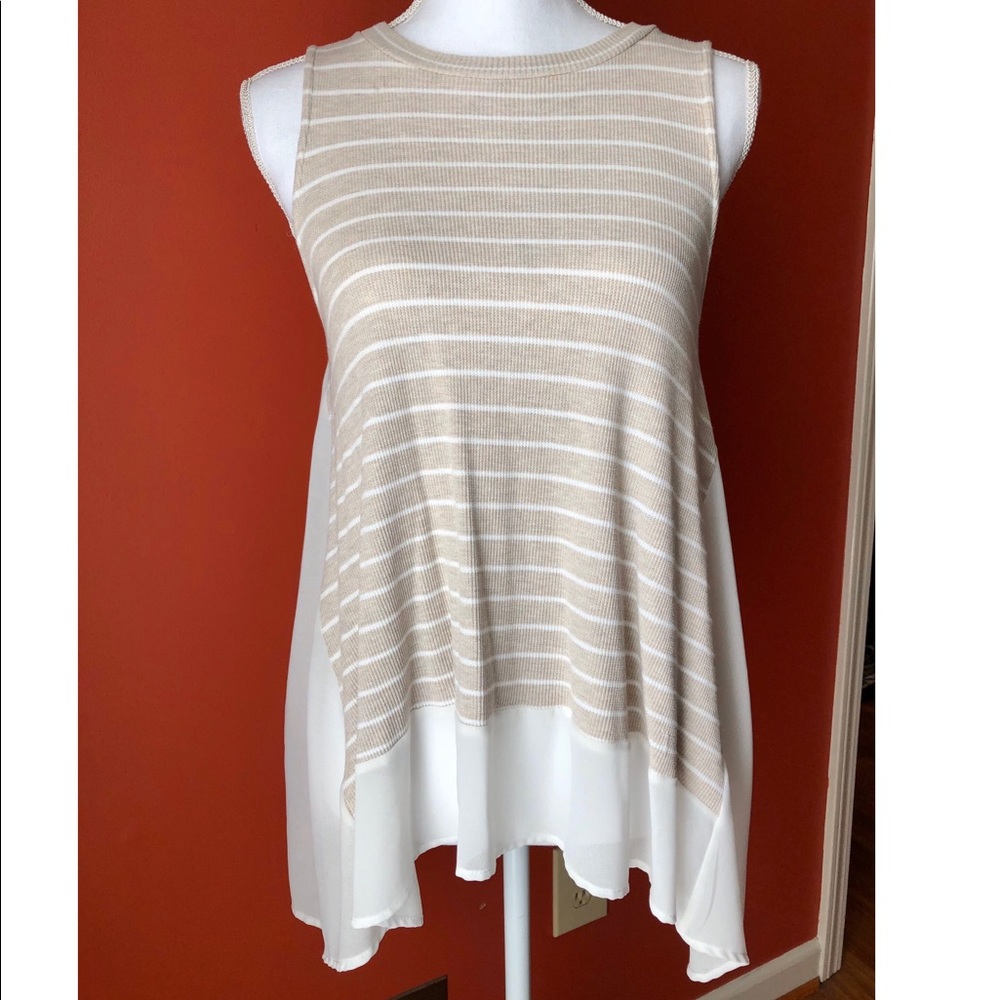 TAN TANK WITH WHITE STRIPES, SHEER DETAIL. SIZE M.
